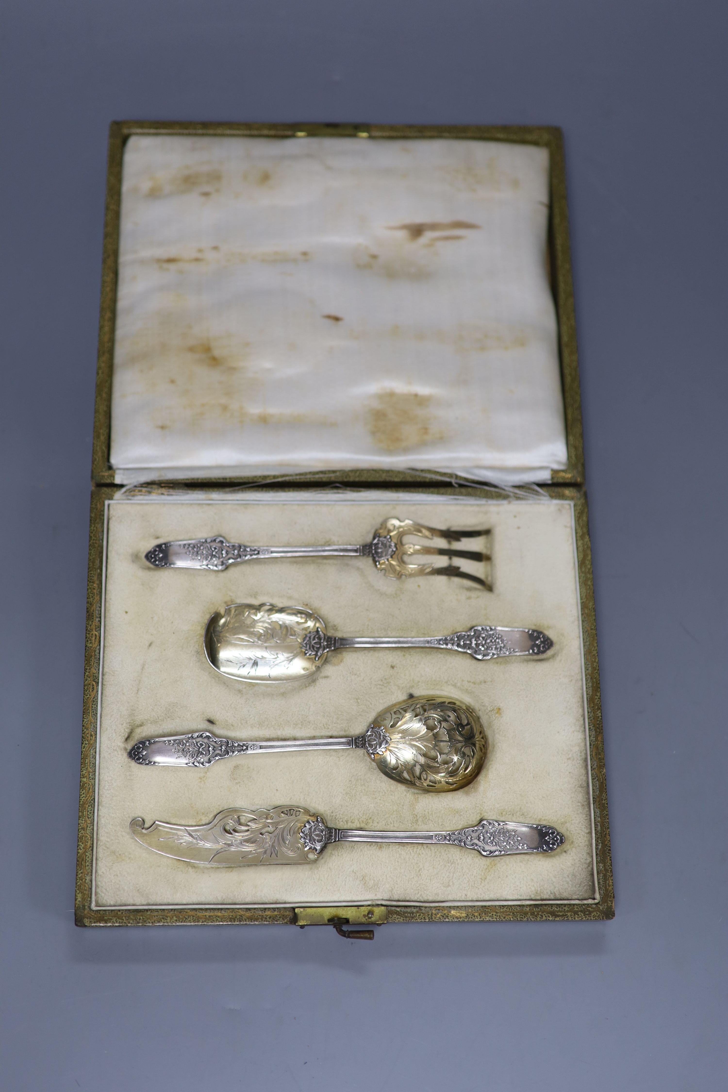 A cased early 20th century French 950 standard white metal four piece dessert flatware set, gross 97 grams.
